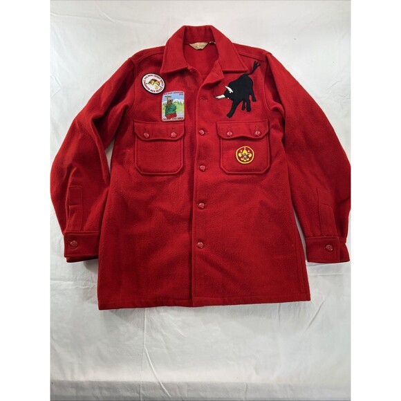 Vintage BSA Red Wool Jacket Size 42 Philmont Scout Ranch Bull Patches